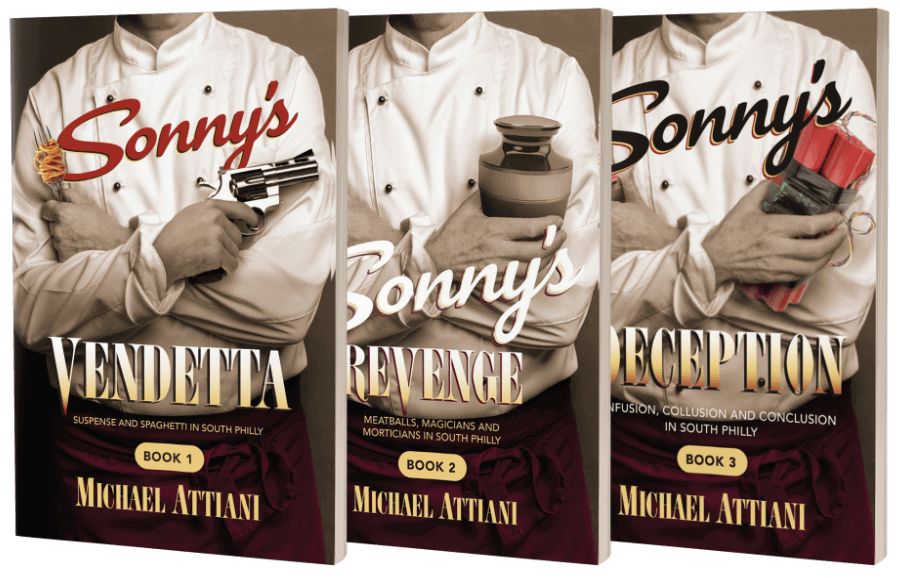 All three of Michael Attiani's books stacked next to each other, Sonny's Vendetta, Sonny's Revenge, and Sonny's Deception.
